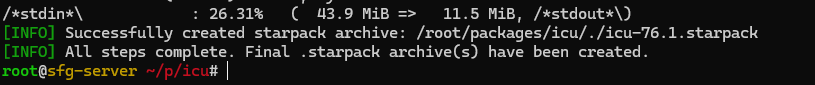 Screenshot of starpack successfully creating an ICU package archive